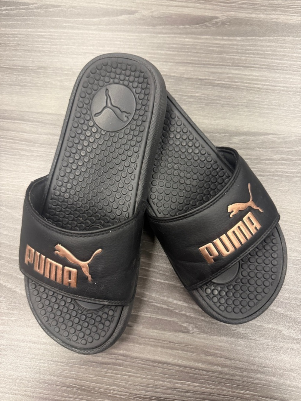 Puma Black Slides with Rose Gold Logo Women’s Size 6